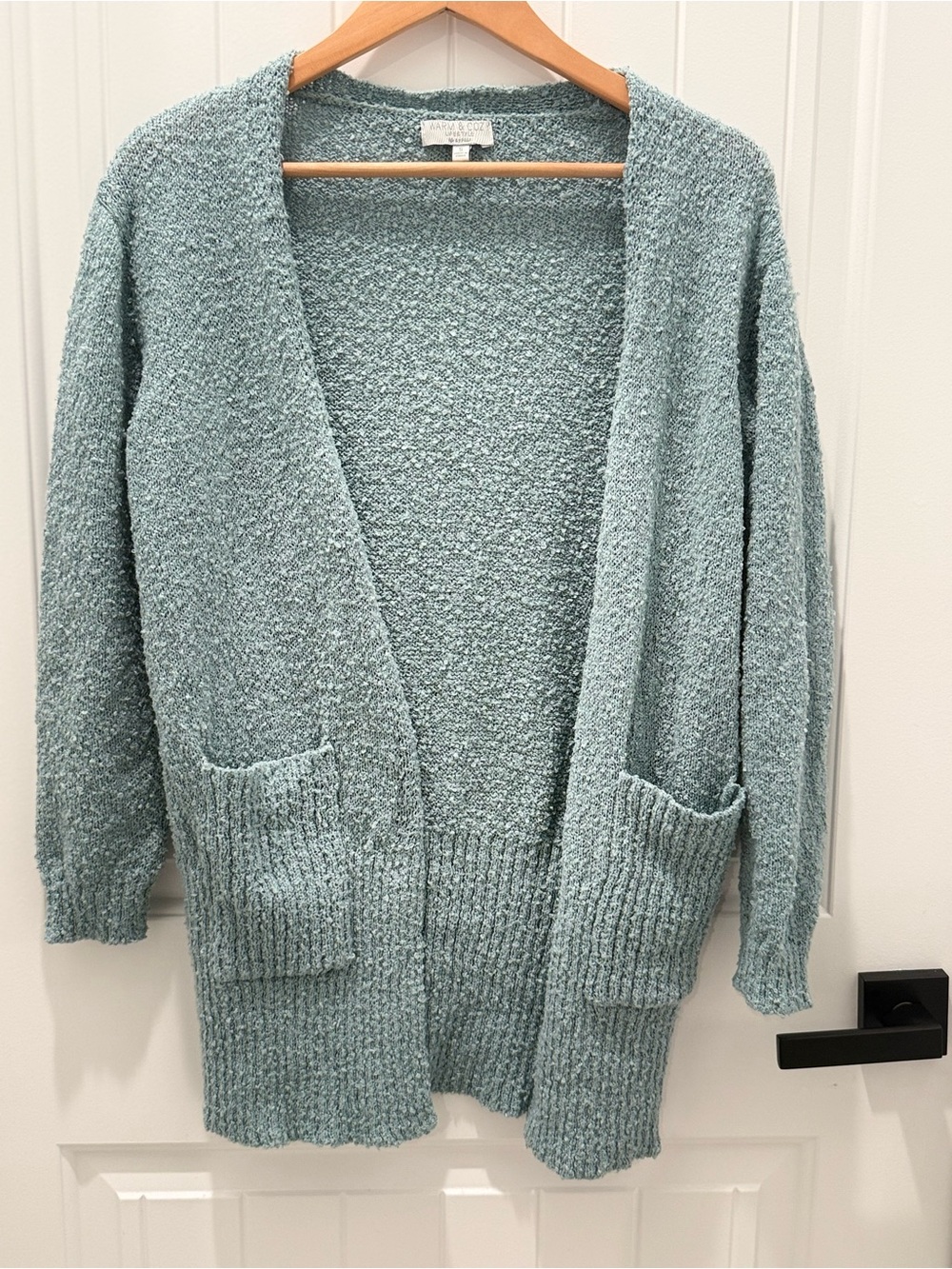 Cozy Open-Front Light Teal Bouclé Cardigan Sweater